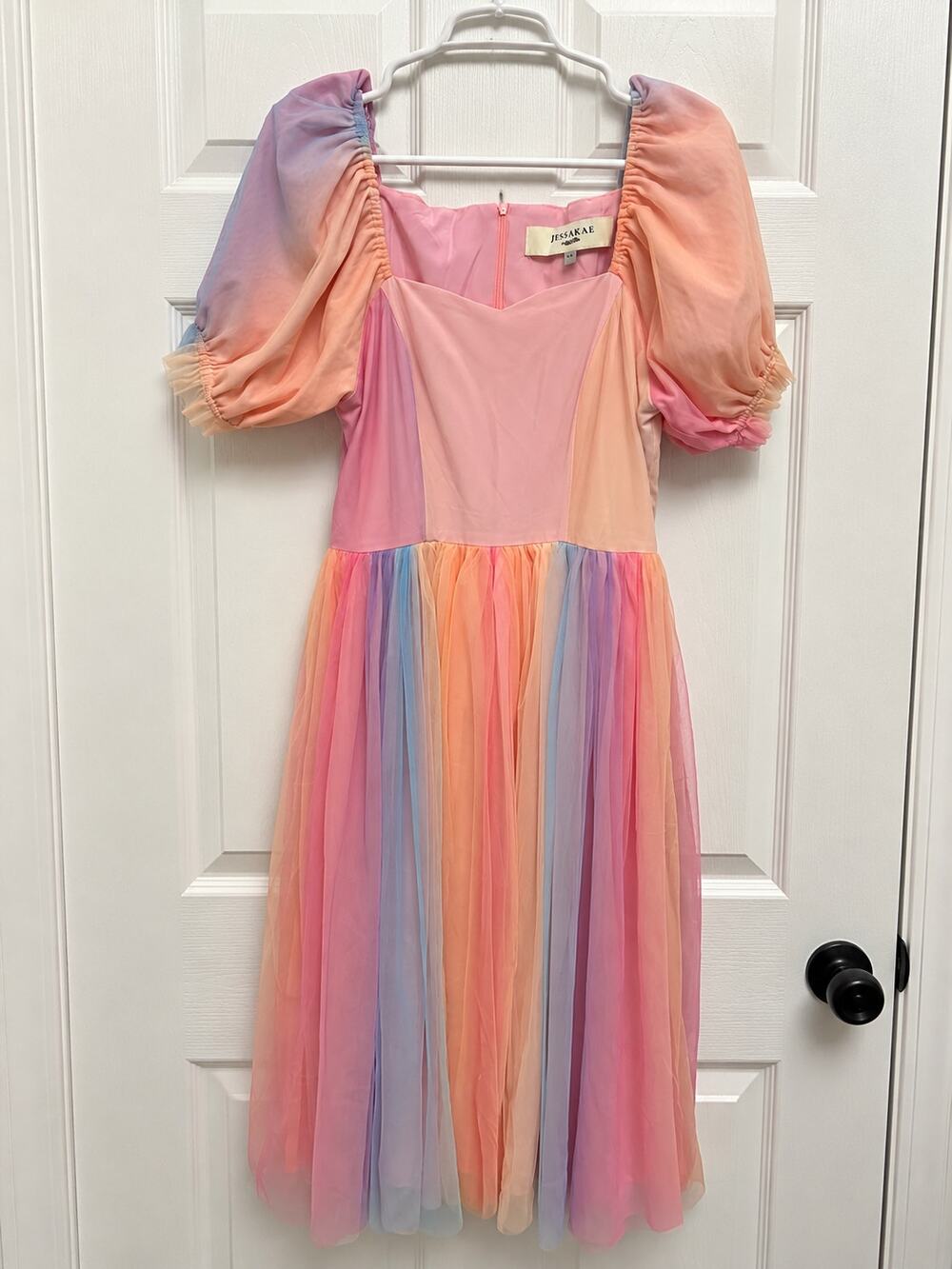 JessaKae Pastel Rainbow Tulle Puff Sleeve Midi Dress Size Small